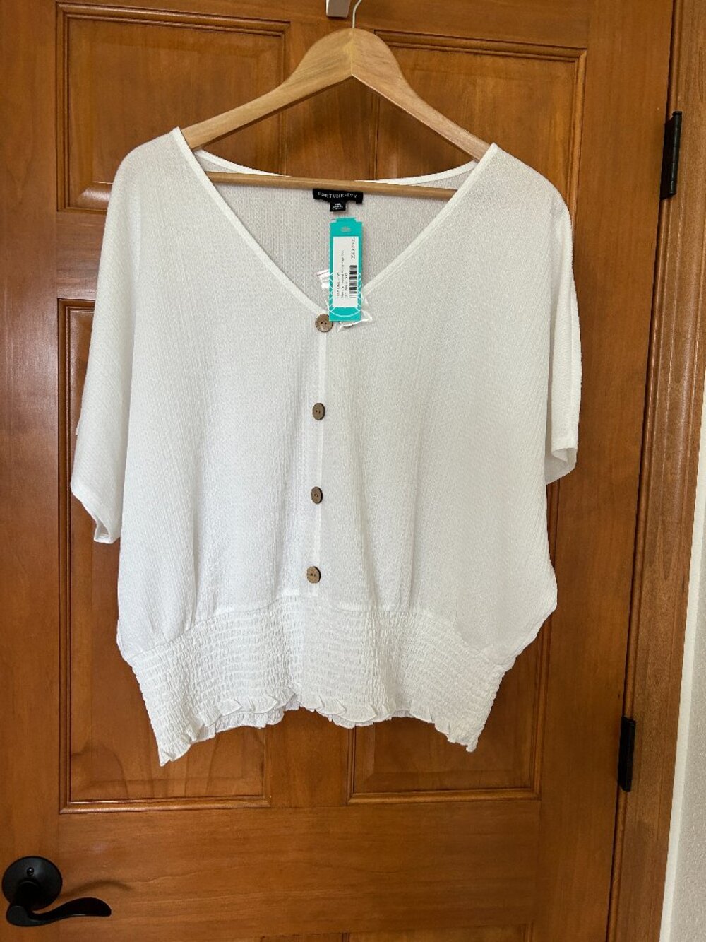 Monteau White V-Neck Button-Front Textured Blouse
